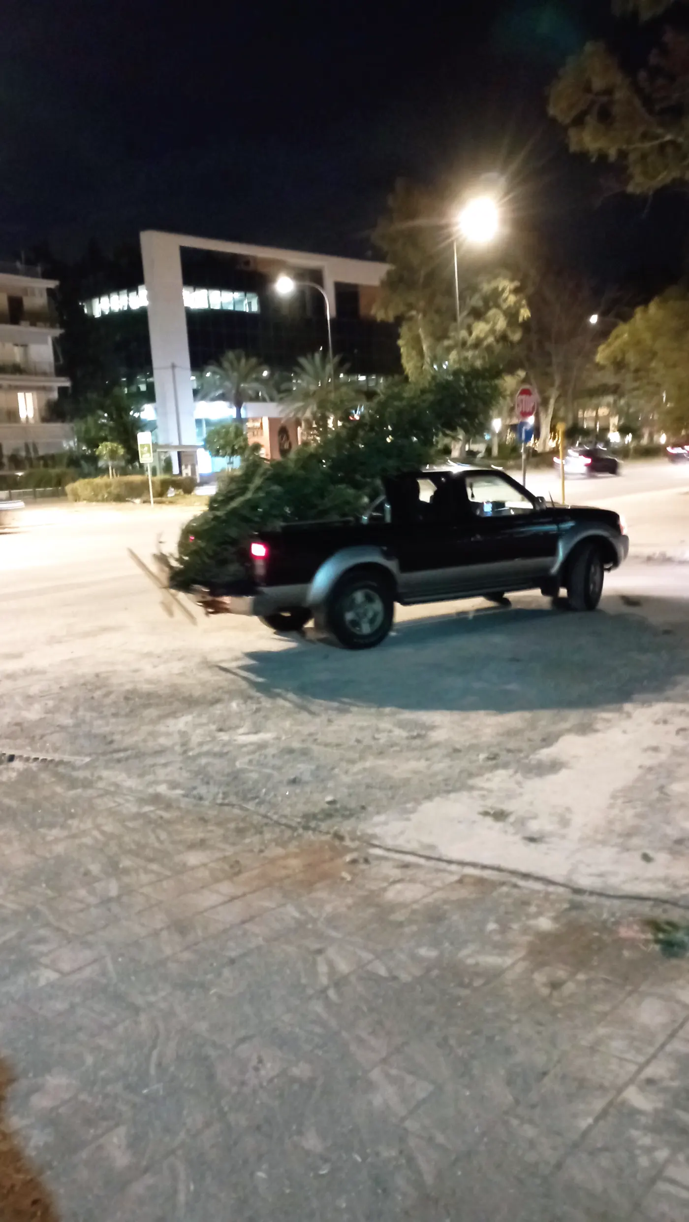 Φορτηγάκι με έλατο για παράδοση, το βράδυ